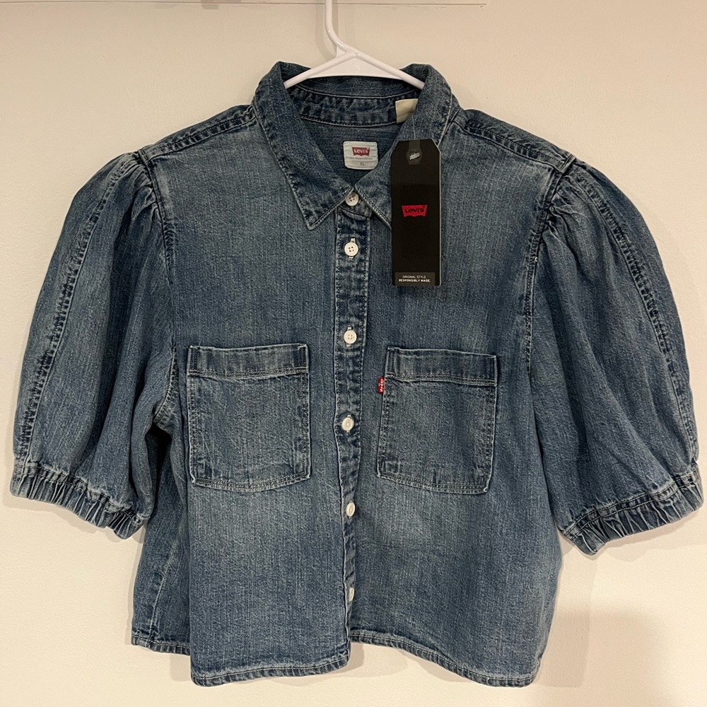 Levi’s Alice Button Down Puff Sleeve Shirt in Medium Wash XL NWT